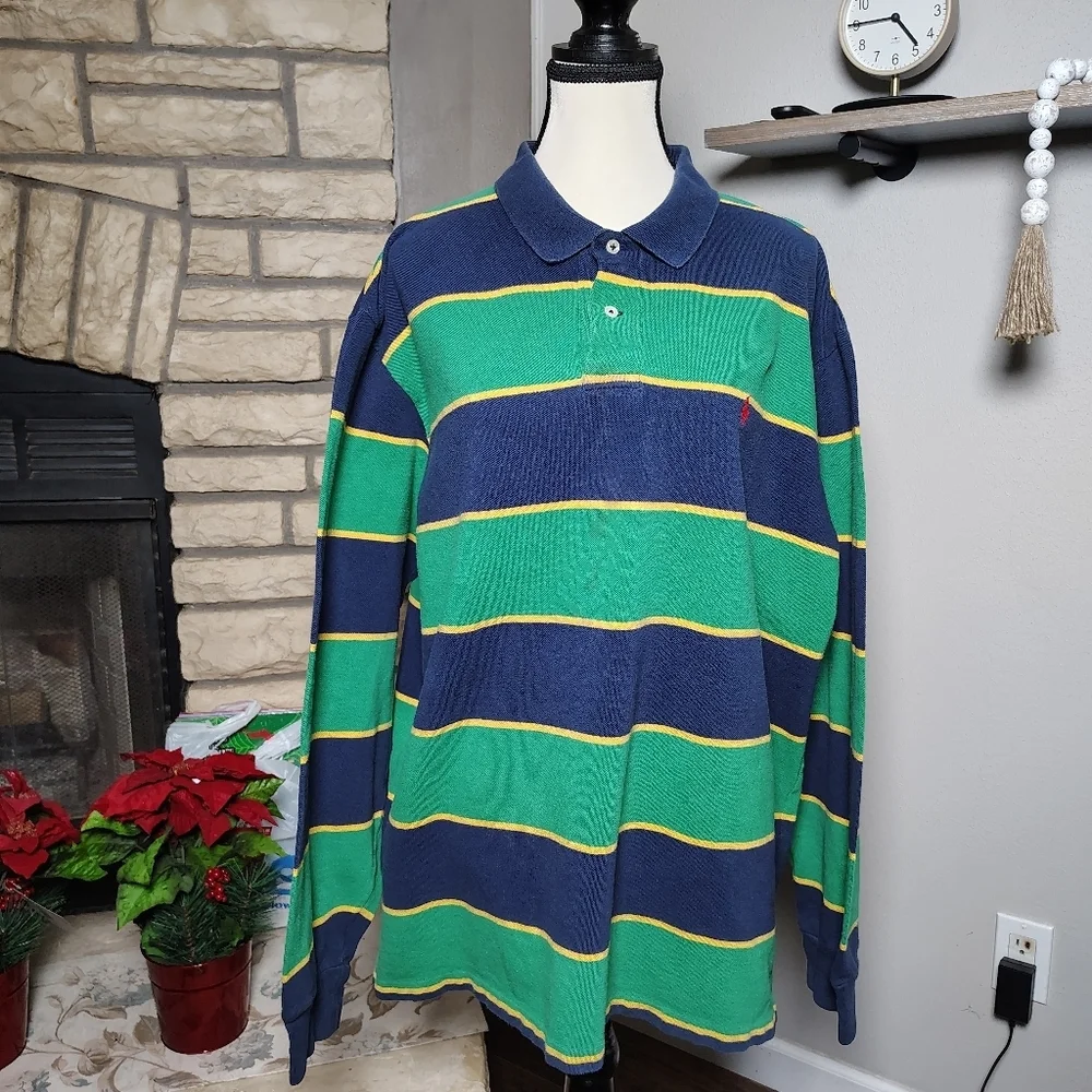 Vintage Ralph Lauren Striped Polo in Green, Blue, and Yellow Size XXL